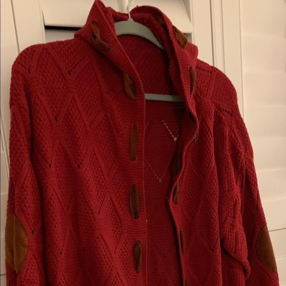 Heavy red 3/4 length hooded cardigan.